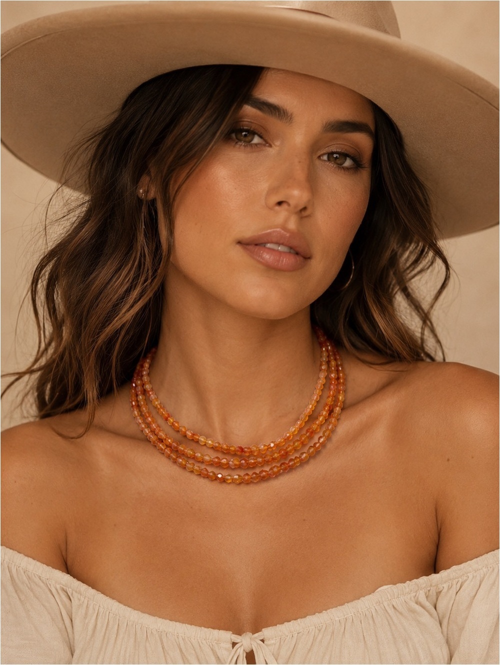 Vintage Orange Faceted Bead Necklace Triple Strand Boho Western Toggle Clasp 18”